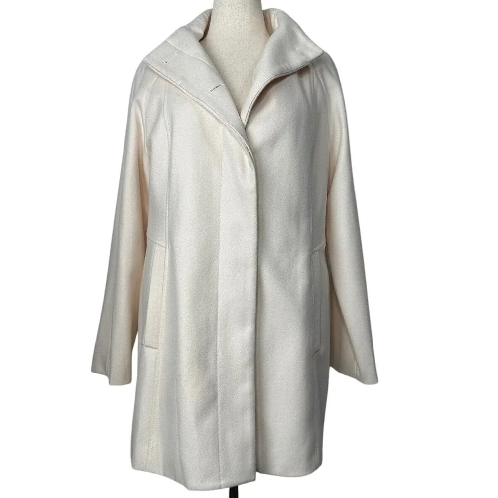 Anne Klein Wool‎ Blend Coat Funnel Neck Button Front Ivory Size 12